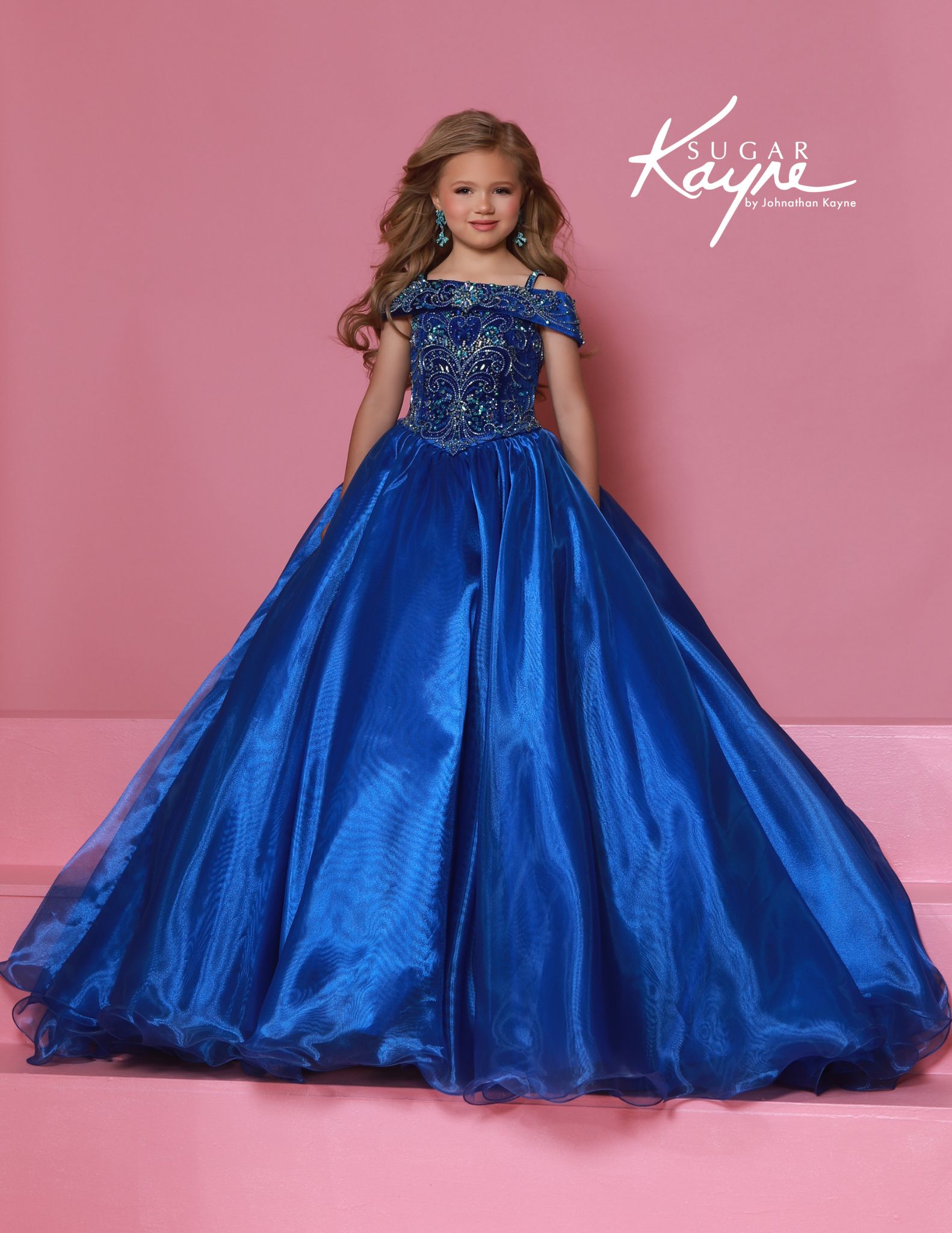 Royal blue off-the-shoulder ball gown with beaded bodice, perfect for national level pageants.
